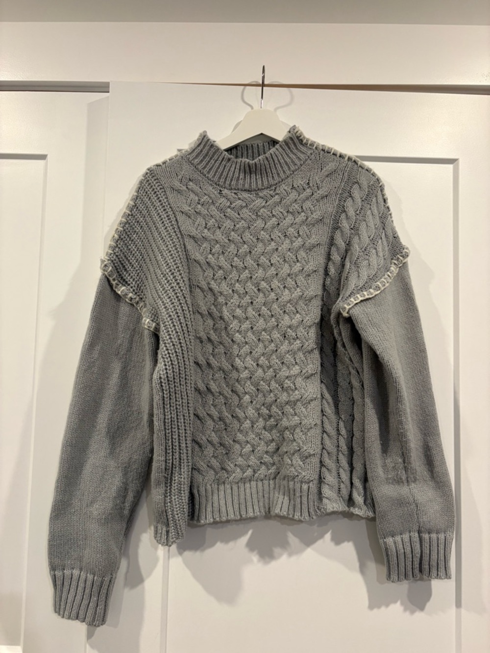 Little mountain Cozy Cable Knit Mock Neck Sweater - blue- Gray